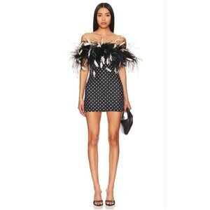 NEW Leslie Amon Carioca Feather Trim jacquard Mini Dress Black - Size M/L